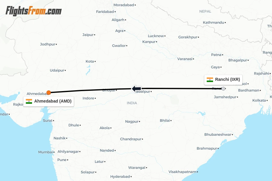 Flights from Ranchi to Ahmedabad route map