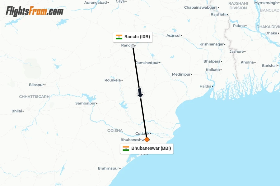 Flights from Ranchi to Bhubaneswar route map