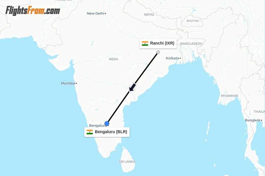 Flights from Ranchi to Bengaluru route map