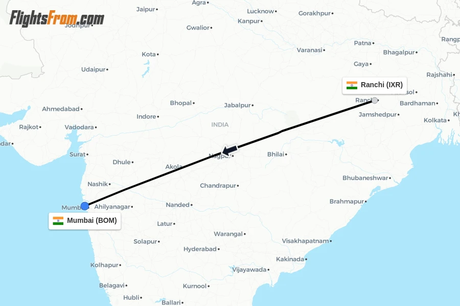 Flights from Ranchi to Mumbai route map
