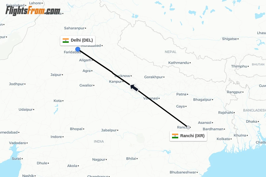 Flights from Ranchi to Delhi route map