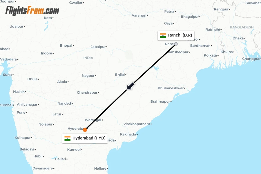 Flights from Ranchi to Hyderabad route map