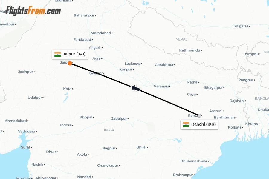 Flights from Ranchi to Jaipur route map