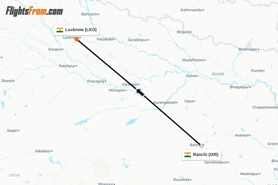 Flights from Ranchi to Lucknow route map