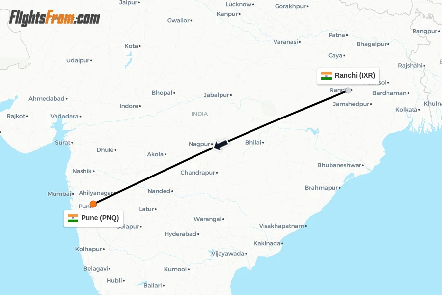 Flights from Ranchi to Pune route map