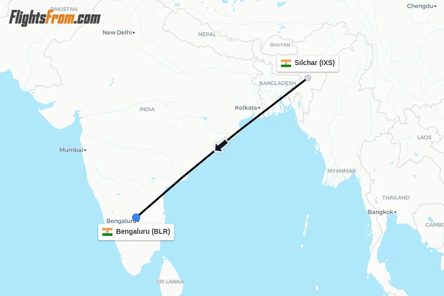 Flights from Silchar to Bengaluru route map