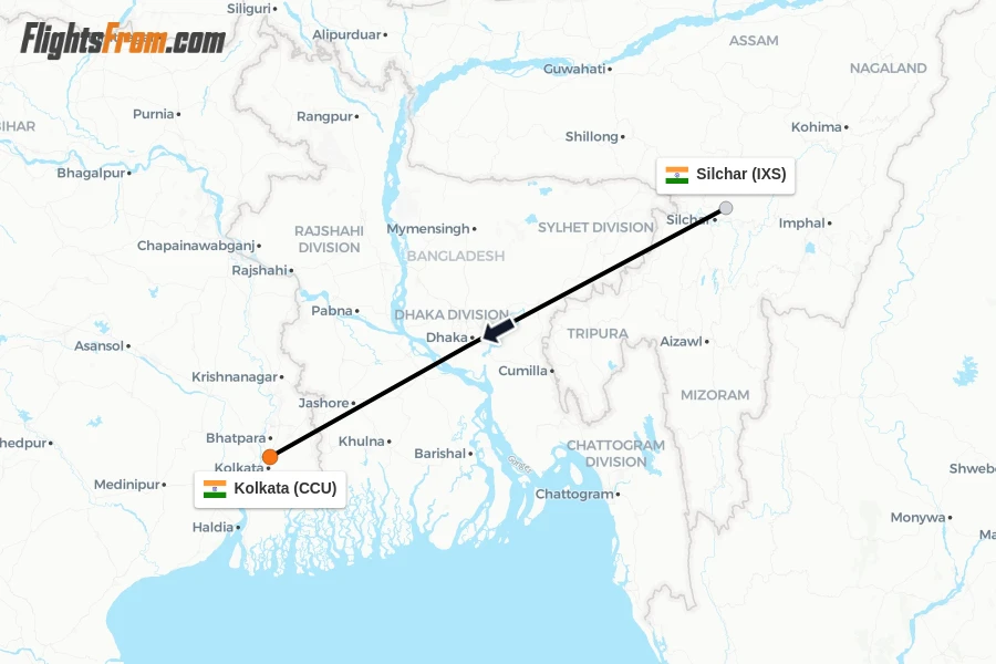 Flights from Silchar to Kolkata route map