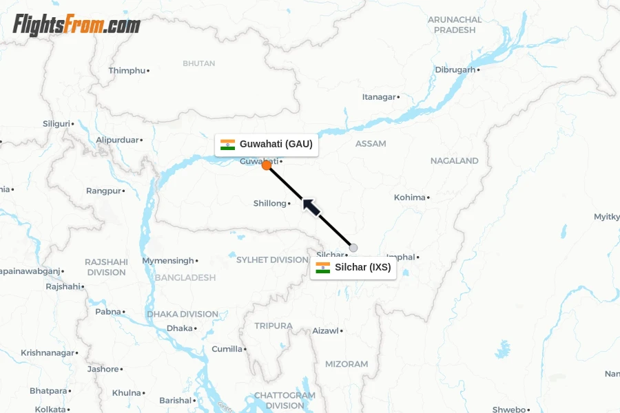 Flights from Silchar to Guwahati route map
