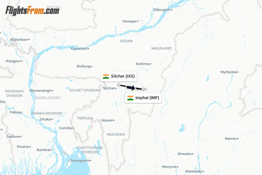 Flights from Silchar to Imphal route map