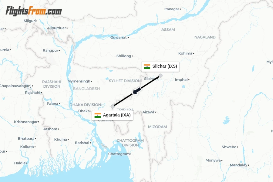 Flights from Silchar to Agartala route map