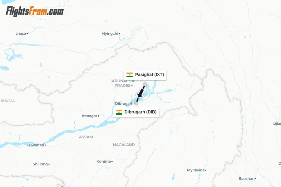 Flights from Pasighat to Dibrugarh route map
