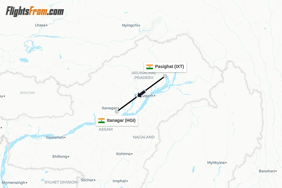 Flights from Pasighat to Itanagar route map