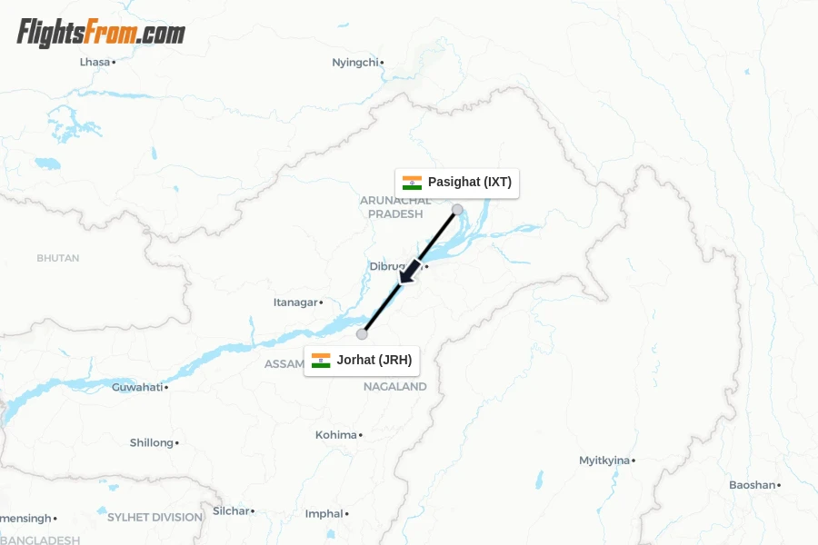 Flights from Pasighat to Jorhat route map