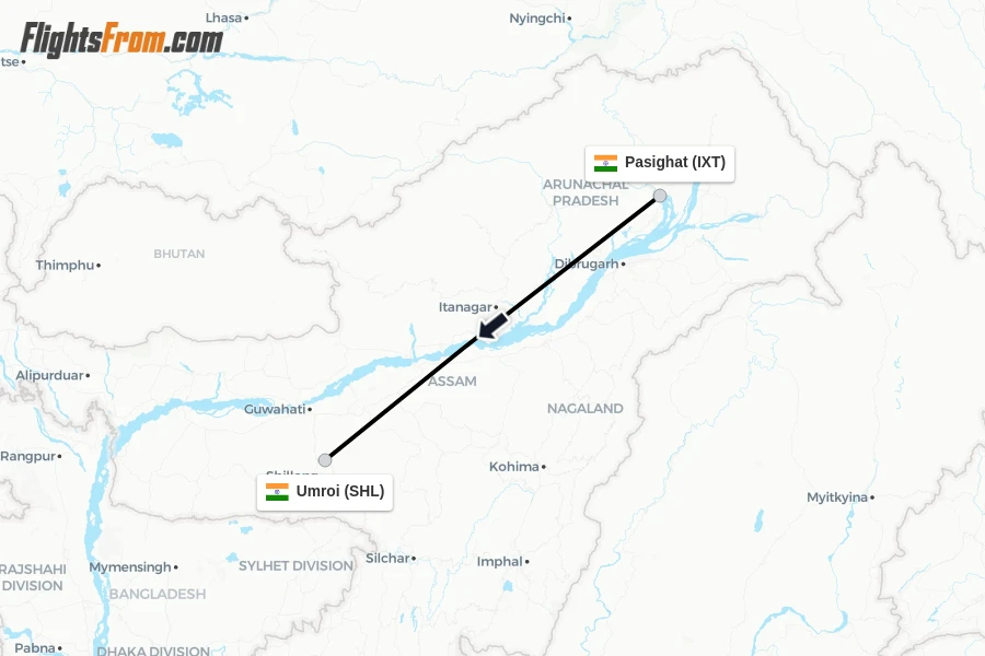 Flights from Pasighat to Umroi route map