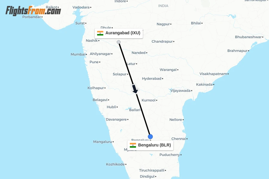 Flights from Aurangabad to Bengaluru route map
