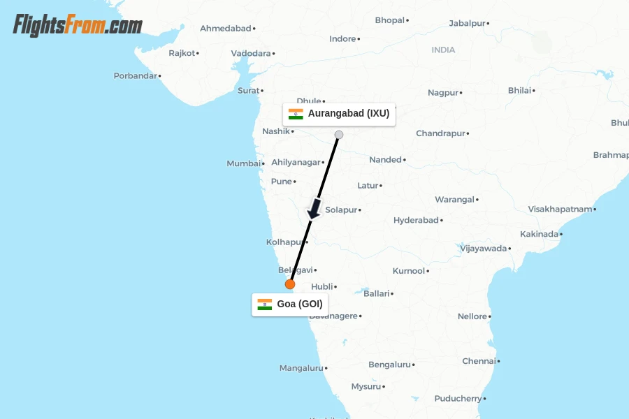 Flights from Aurangabad to Goa route map