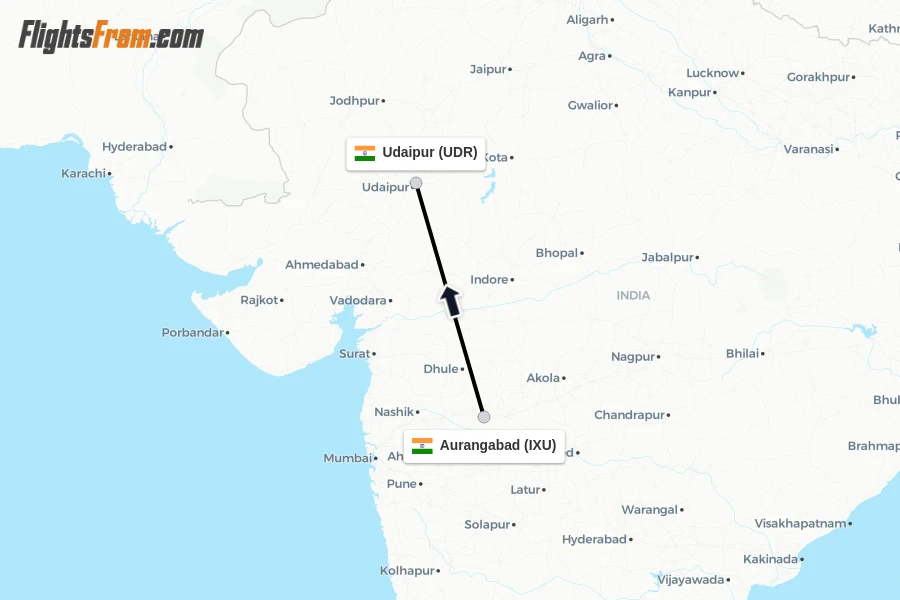 Flights from Aurangabad to Udaipur route map