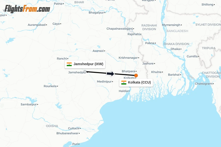 Flights from Jamshedpur to Kolkata route map