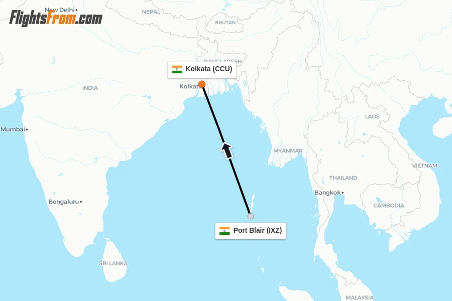 Flights from Port Blair to Kolkata route map