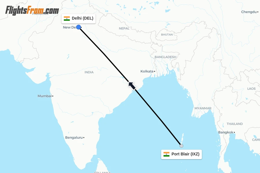 Flights from Port Blair to Delhi route map