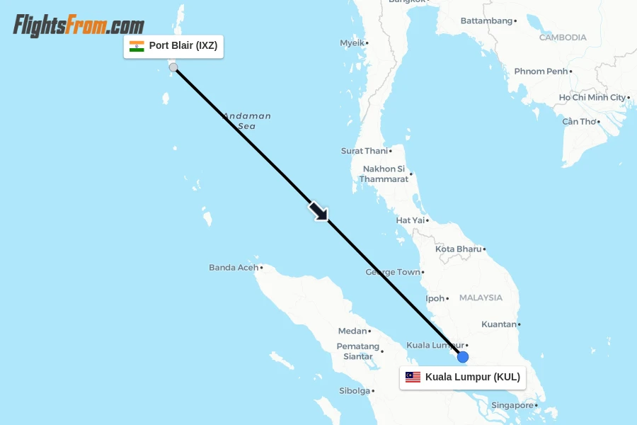 Flights from Port Blair to Kuala Lumpur route map