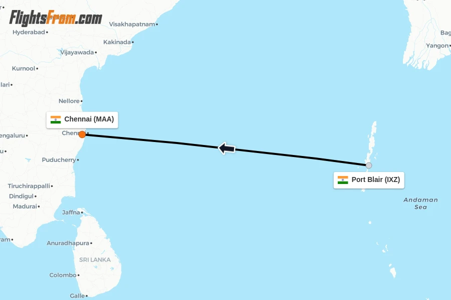 Flights from Port Blair to Chennai route map