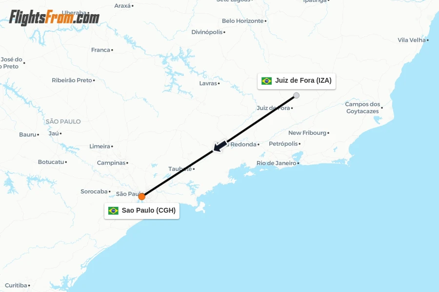 Flights from Juiz de Fora to Sao Paulo route map