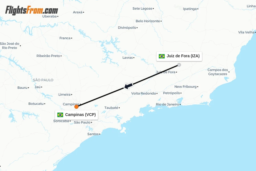 Flights from Juiz de Fora to Campinas route map