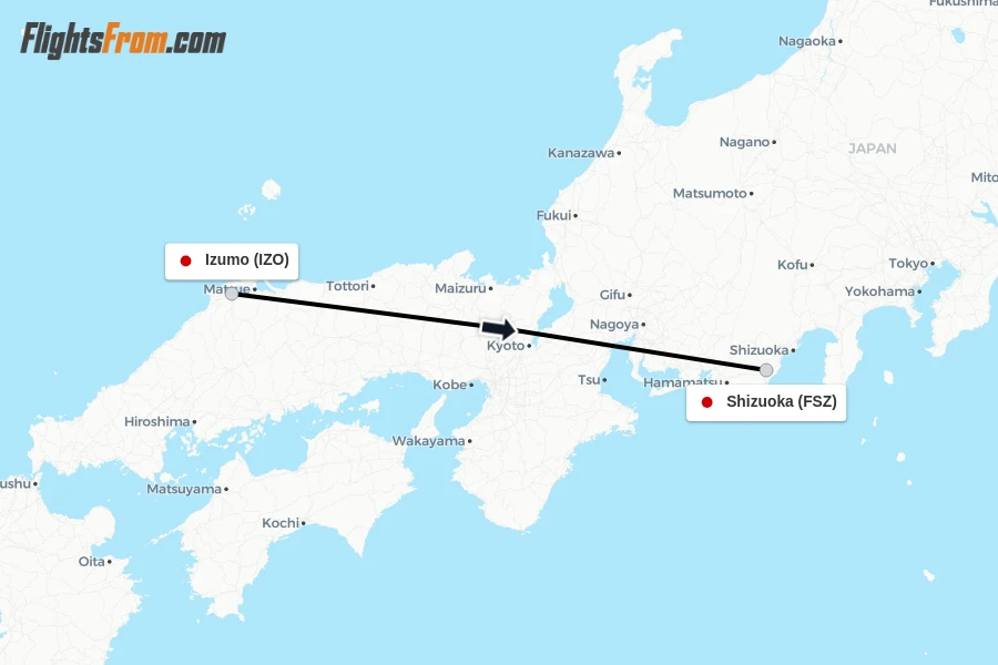 Flights from Izumo to Shizuoka route map