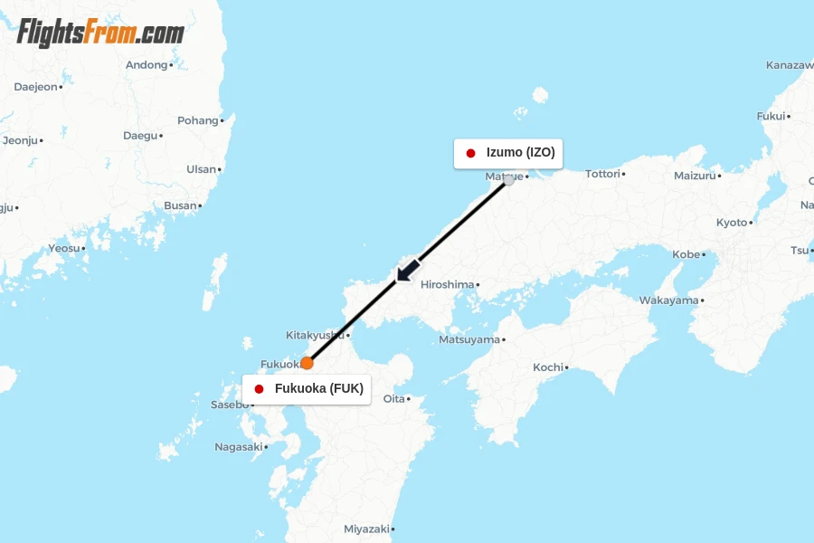 Flights from Izumo to Fukuoka route map