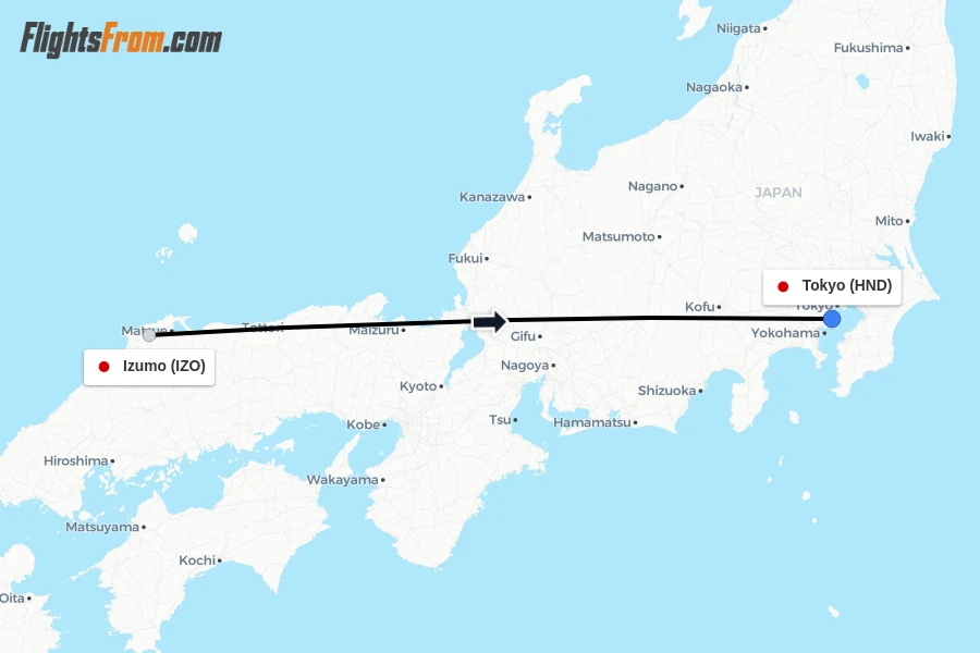 Flights from Izumo to Tokyo route map
