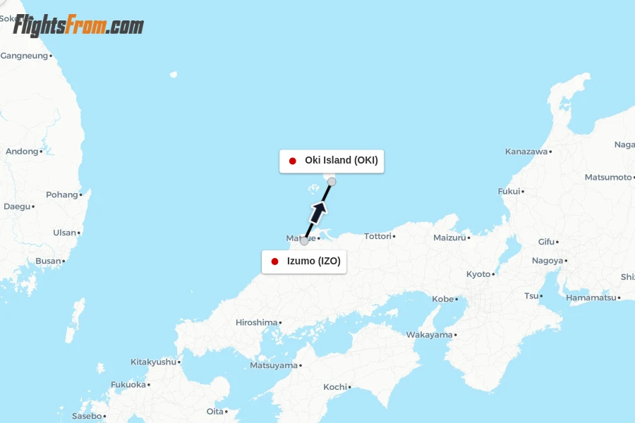 Flights from Izumo to Oki Island route map