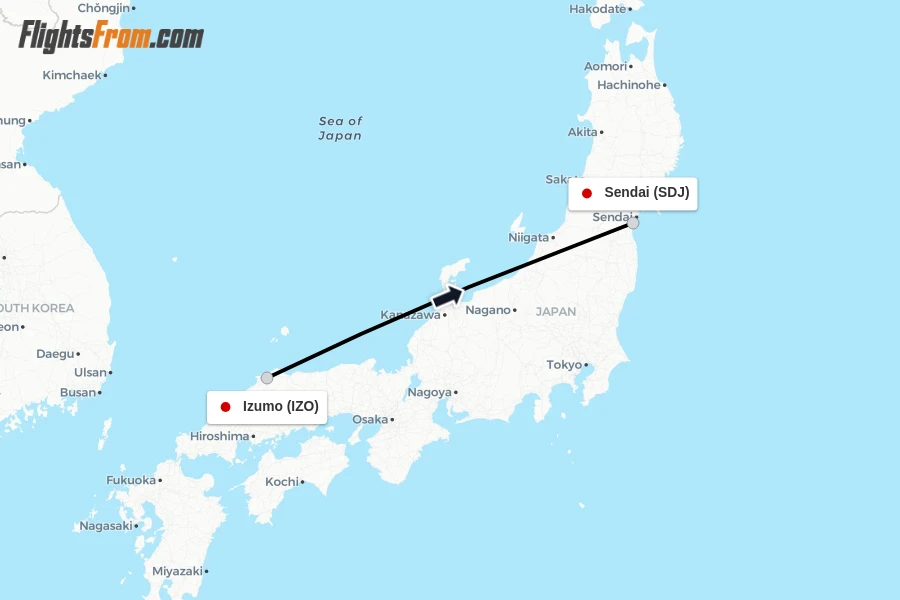 Flights from Izumo to Sendai route map