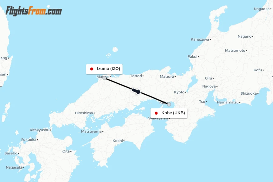 Flights from Izumo to Kobe route map