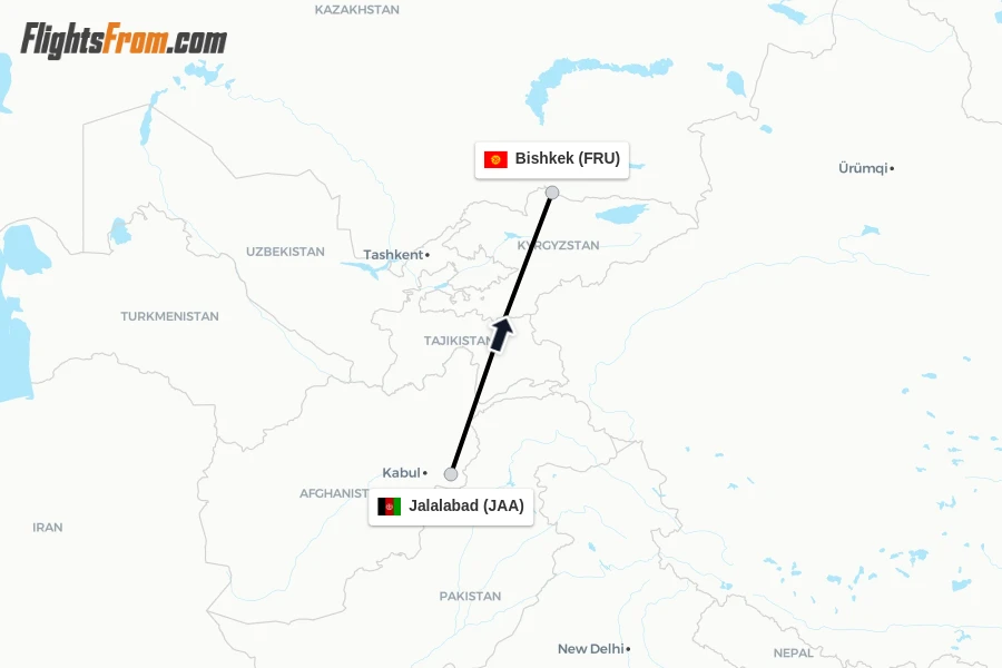 Flights from Jalalabad to Bishkek route map