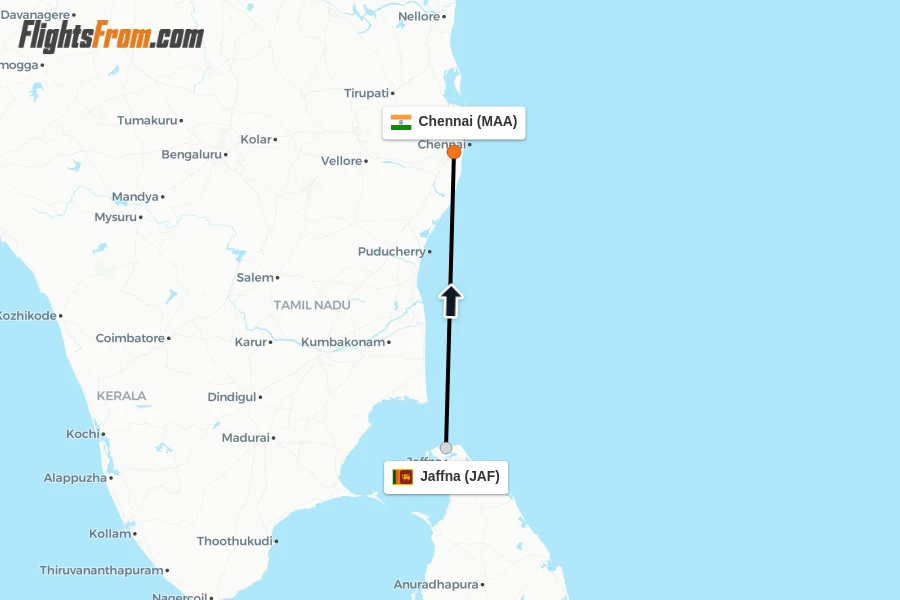 Flights from Jaffna to Chennai route map