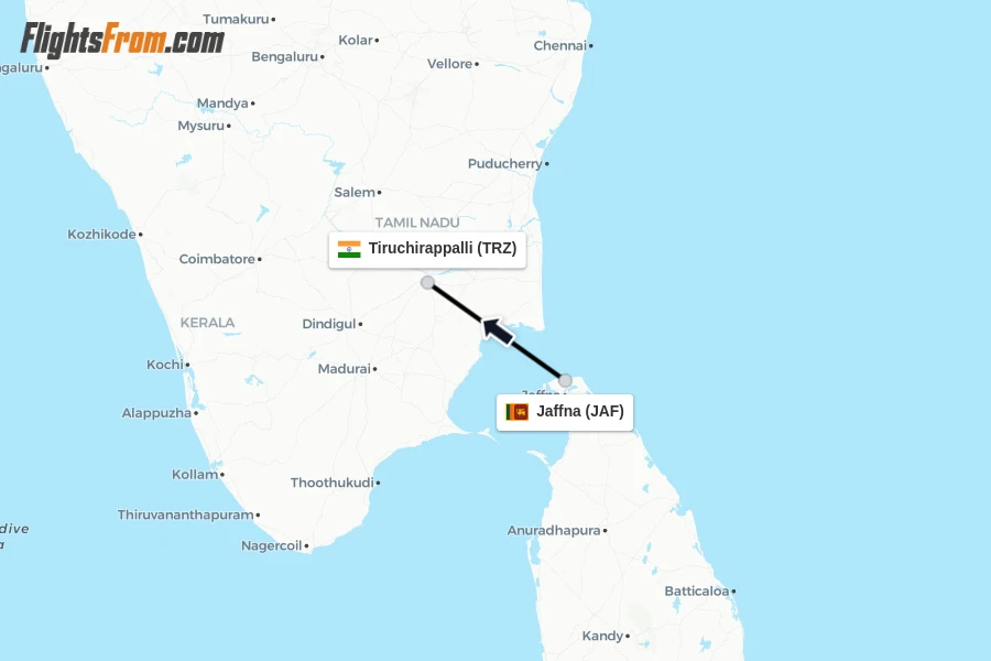 Flights from Jaffna to Tiruchirappalli route map