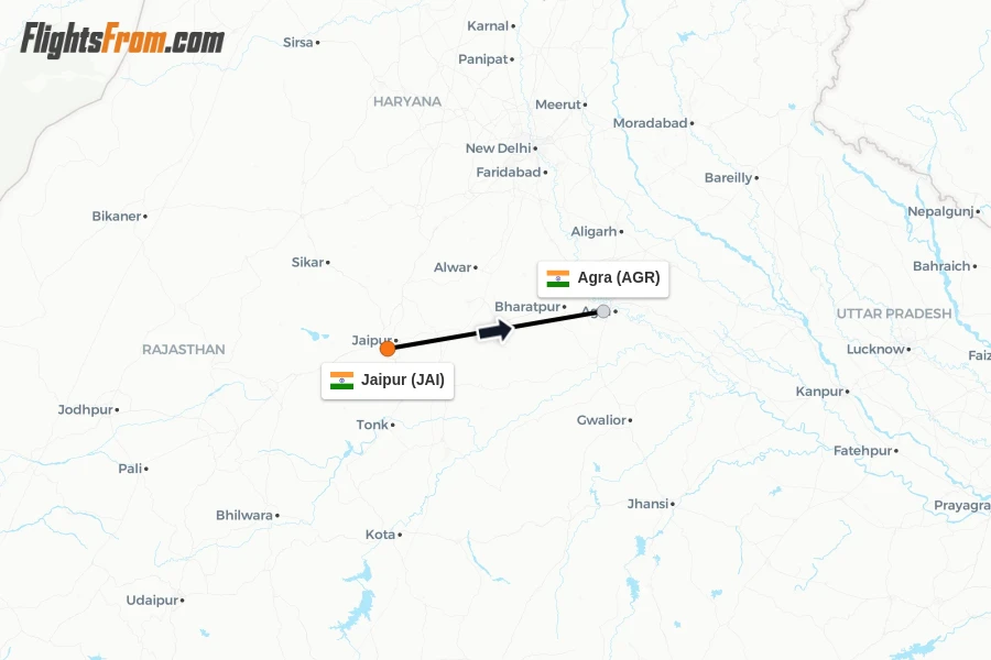 Flights from Jaipur to Agra route map