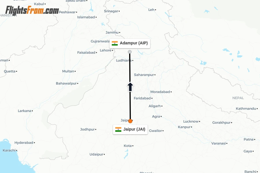 Flights from Jaipur to Adampur route map