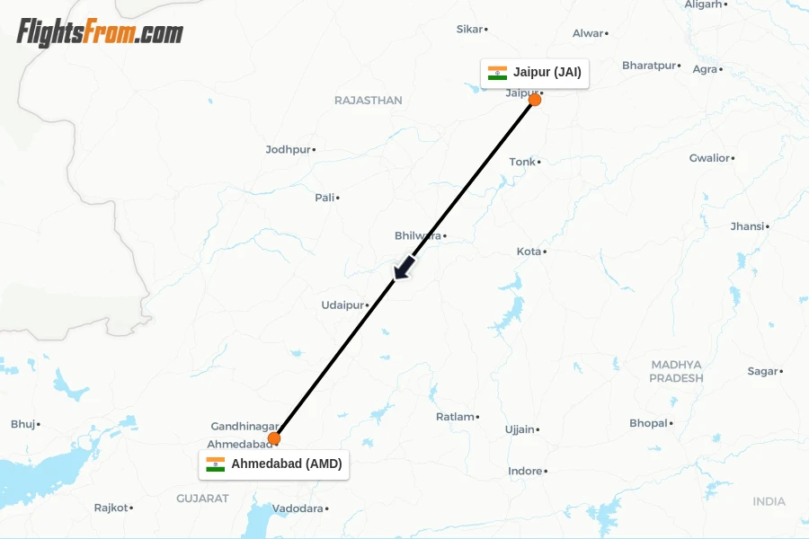 Flights from Jaipur to Ahmedabad route map