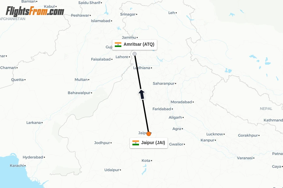 Flights from Jaipur to Amritsar route map