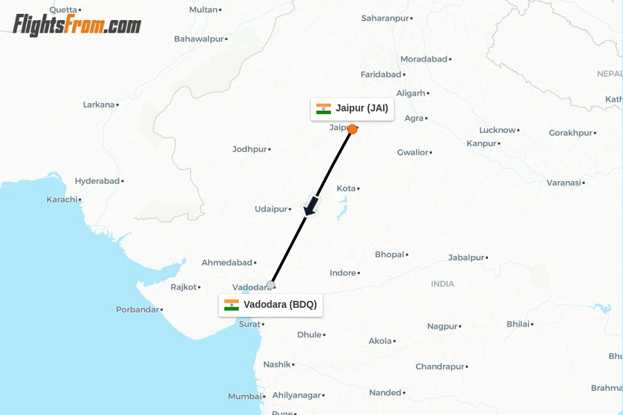 Flights from Jaipur to Vadodara route map
