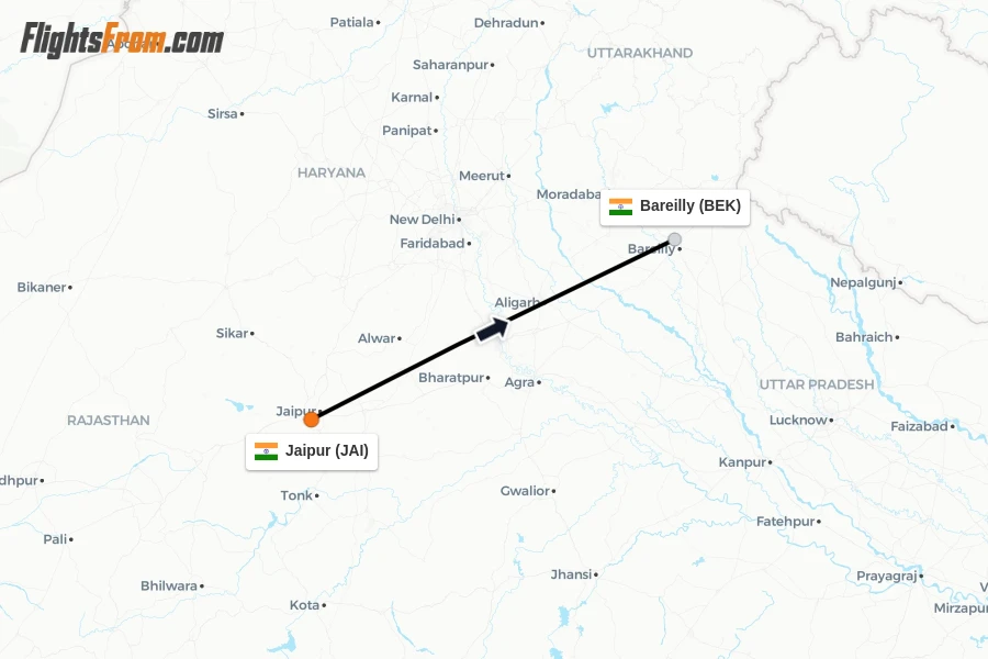 Flights from Jaipur to Bareilly route map