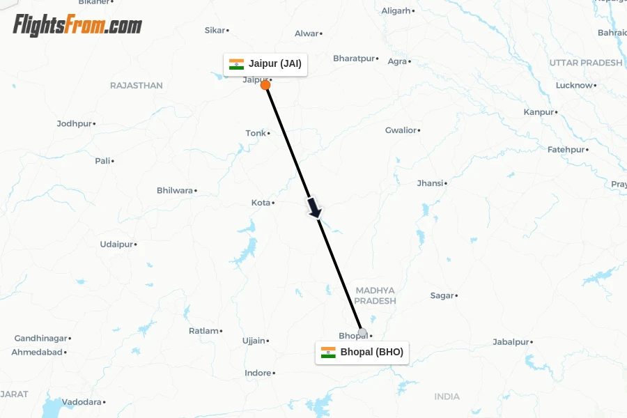 Flights from Jaipur to Bhopal route map