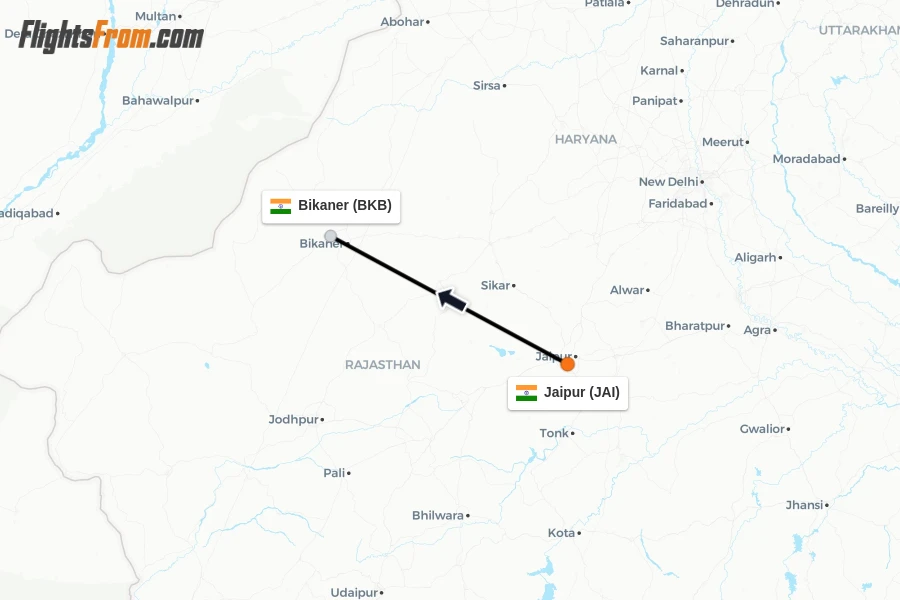 Flights from Jaipur to Bikaner route map