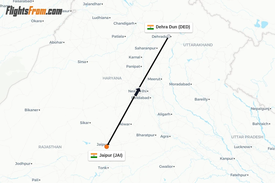 Flights from Jaipur to Dehra Dun route map