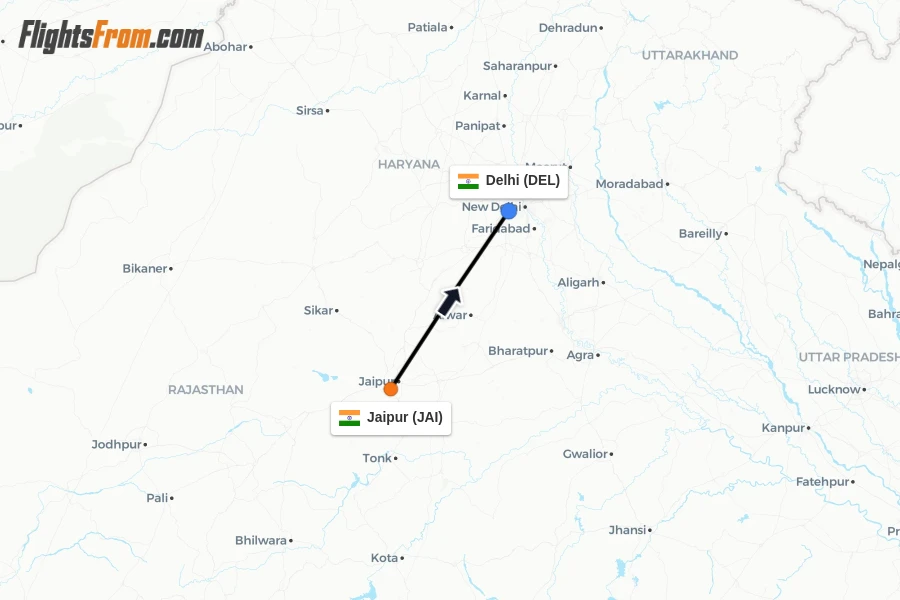 Flights from Jaipur to Delhi route map