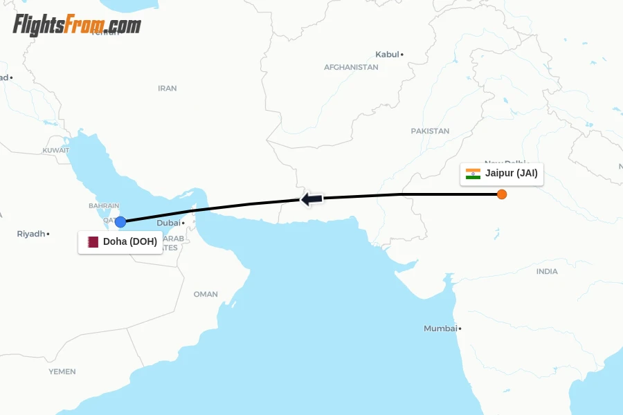 Flights from Jaipur to Doha route map