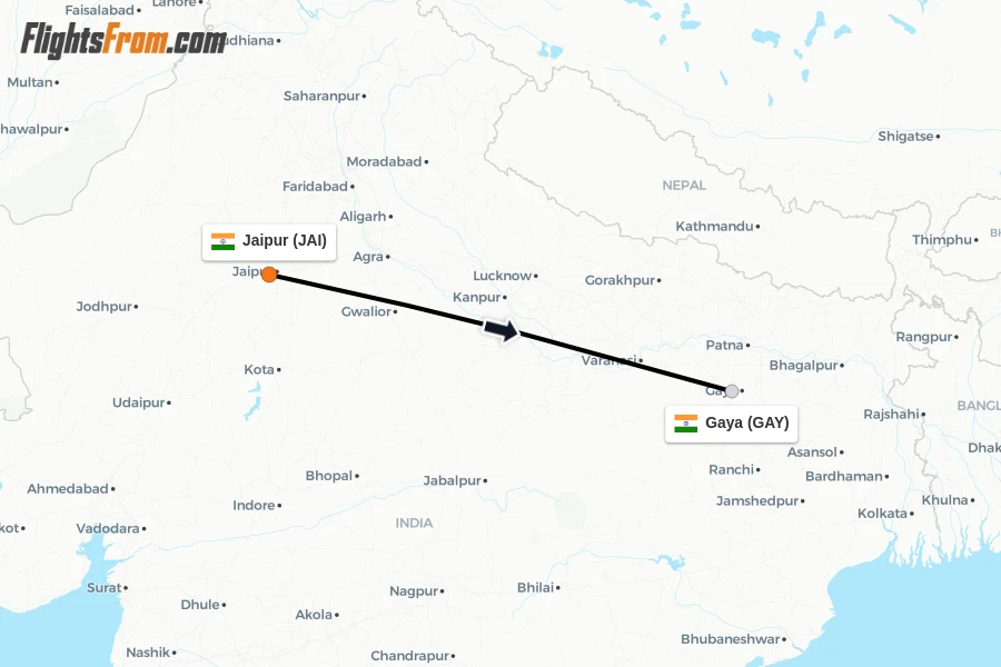 Flights from Jaipur to Gaya route map