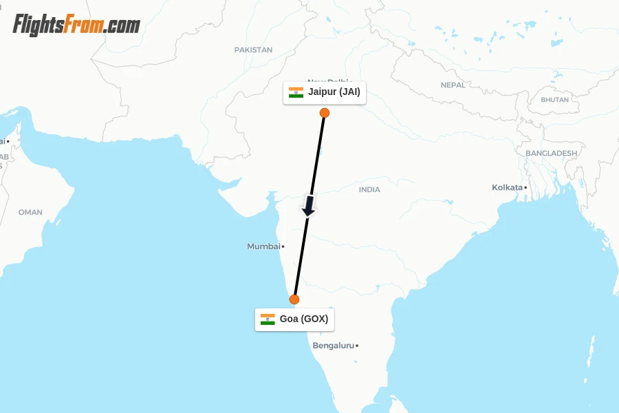 Flights from Jaipur to Goa route map